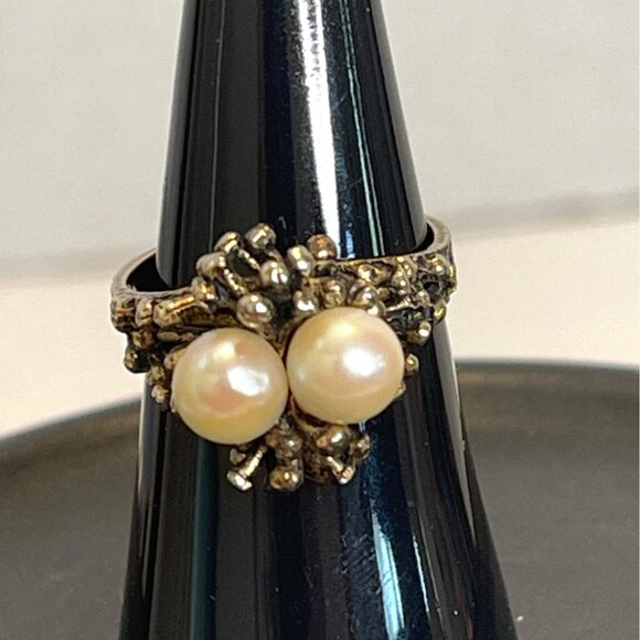 Sterling Silver Gold Plate Joseph Esposito Birds Nest Ring Duo Pearl Sz 6.5 VTG - Picture 3 of 14